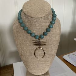 Blue Green Beaded Crescent Necklace Adjustable 15-17”