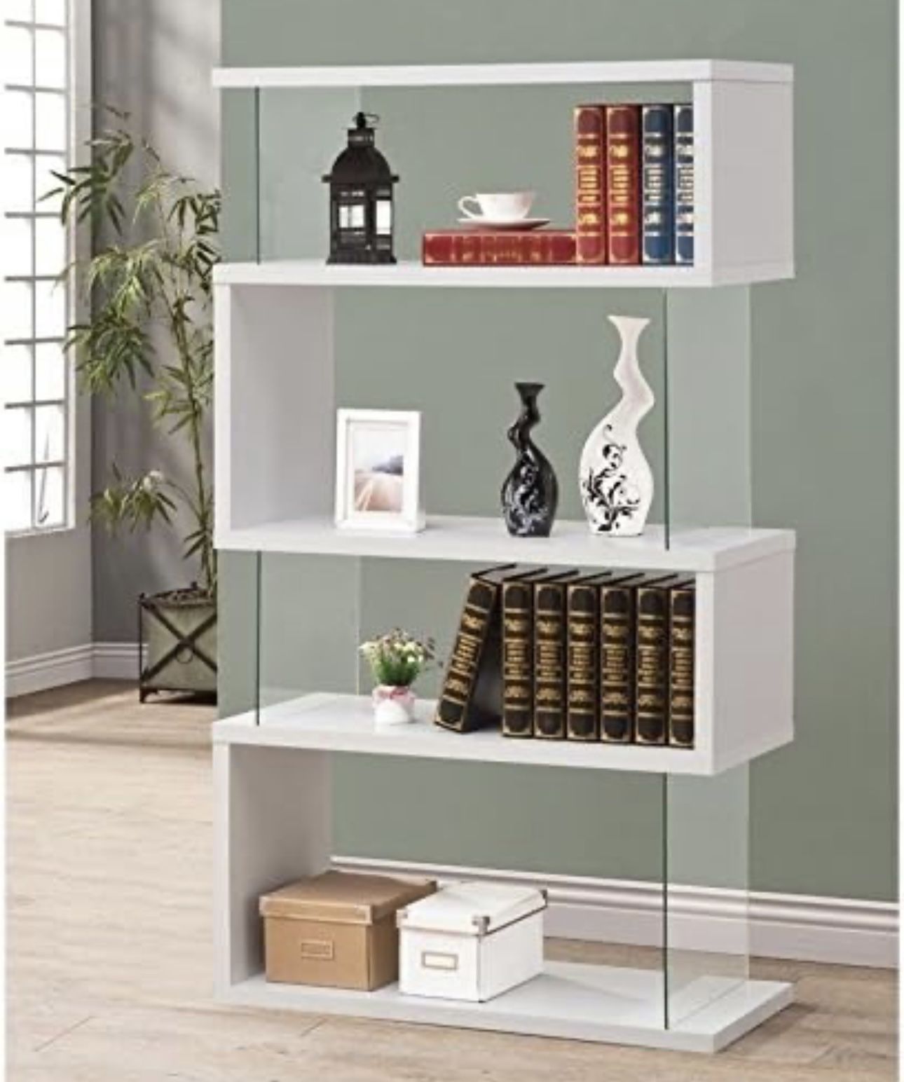 Modern 4 Shelf Asymmetrical Snaking S-Shape Bookcase in Glossy White and Glass