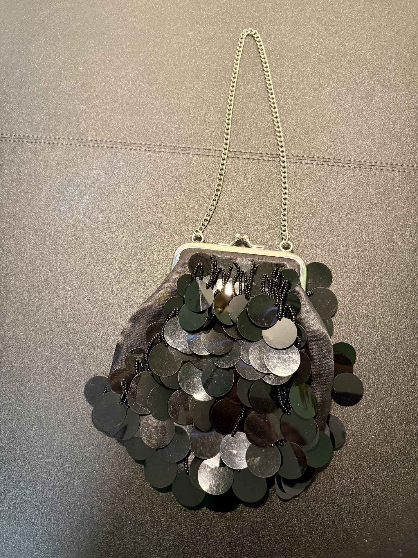 Gap Evening Sequined Beaded Black Small Bag Purse Clutch Short Silver Chain