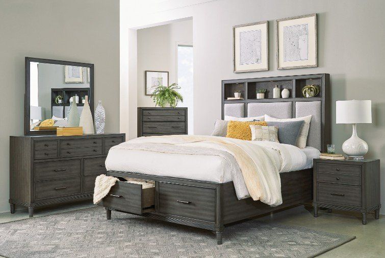 Transitional style bedroom set feature storage drawers, LED-lit, USB ports