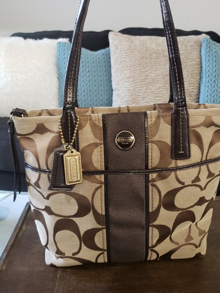 COACH Signature Stripe Tote Handbag - Brown Jacquard Canvas Bag - H1380-F25771