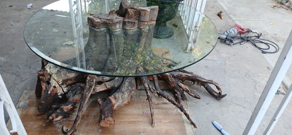 Large Tree Trunlk Glass Top Table
