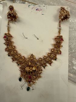 Gold-Tone Temple Necklace with Earrings Set