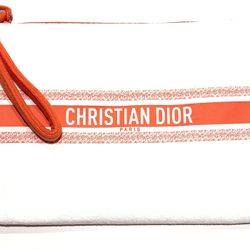 NEW! Christian DIOR Terry Cloth Clutch Wristlet Makeup Bag White/Coral 9.5x6.5"