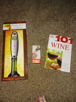New wine thermometer, bottle pour cap and book