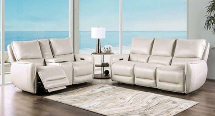 Brand New Beige Top Grain Leather Power Reclining Sofa & Loveseat 