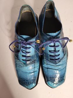 Mens Genuine Crocodile Dress Shoes Turquoise Blue Patchwork Leather Sole Made in Italy Size 9