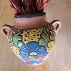 mexican  talavera terracotta cabanito wall planter pot and dried out flowers