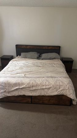 California king bed frame wood with 2 side tables, storage roller, grey headboard, charging outlets usb and plug
