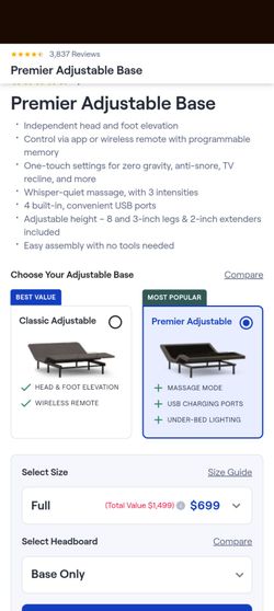 Premier Adjustable Base - Full Size - Nectar
