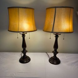 Set of 2 Table Lamps Bronze Finish Beige Shades Pull Chain