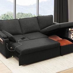 Sofa Bed Sleeper Pull Out 2 in 1 Sectional Sleeper Sofa Couches with Storage,USB, Cup Holder,Pullout Sectional Couches for Apartment Living Room (Dark