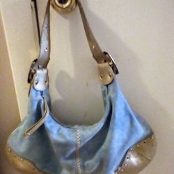 "Pritzi" light blue faux suede and gold buckle strap hobo style purse