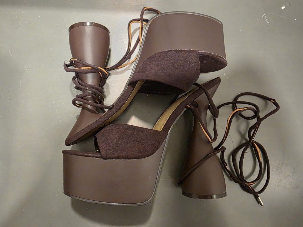Brown Suede Chunky Platform Strappy Heels