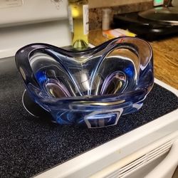 Vtg Chribska Josef Hospodka Heavy Art Glass Bowl Blue and Purple Czechoslovakian