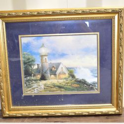 THOMAS KINKADE WALL ART  "A LIGHT IN THE STORM " 2005 BEAUTIFUL GOLDEN FRAME