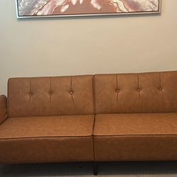 89” Futon Sofa Bed, Faux Leather Futon Couch Bed with 2 Square Pillows, Convertible Sleeper Sofa with Adjustable Backrest& Armrests