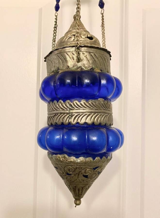 Vintage Mid Century Moroccan Style Blue Cobalt Blown Ribbed Glass And Silver Pewter Filigree Hanging Lantern Light Candle Holder