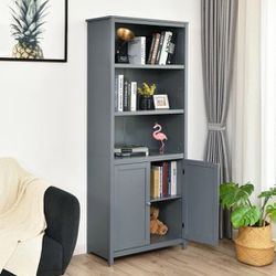 Bookcase Shelving Storage Wooden Cabinet Unit Standing Bookcase W/Doors Gray