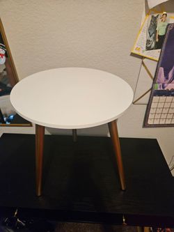 Small Round Accent/Side Table — White Top, Wood Legs