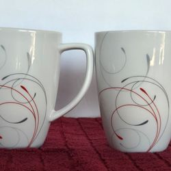 Set Of 4 Corelle Coordinates Splendor Mugs 12oz Porcelain Cups Red Gray Swirls