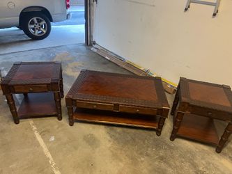 Living Room Table Set - Solid Wood & Leather Accent (3 Piece Set)