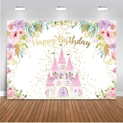 Pink Castle Birthday Backdrop ,Birthday Party Decorations Photo Backdrops ,Photography Background (7x5ft)