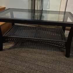 Dark Brown Glass Top Coffee / Living Room Table Wicker Look