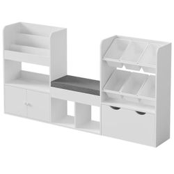 Brand New In The Box-MU Kids Bookshelf with Reading Nook & Storage Bench, 73" Toy Organizer with Movable Drawer & 6 Removable Bins, Montessori Reading