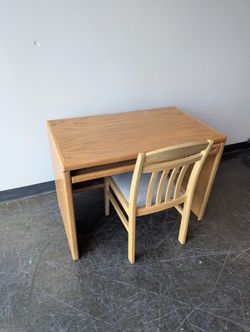 Compact Wooden Desk and Chair Set with Pull-Out Shelf