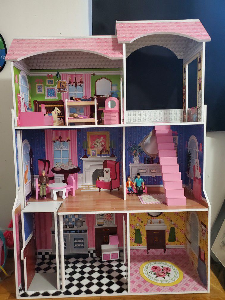 Doll House w/elevator, furniture and family figures