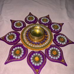 Purple Gold Floral Tea Light Candle Holder Metal Beads Traditional - 10 Inches 