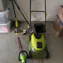 Sun Joy Lawn Mower and Hedge Trimmer Set