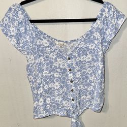  Blue Floral Top Off Shoulder 