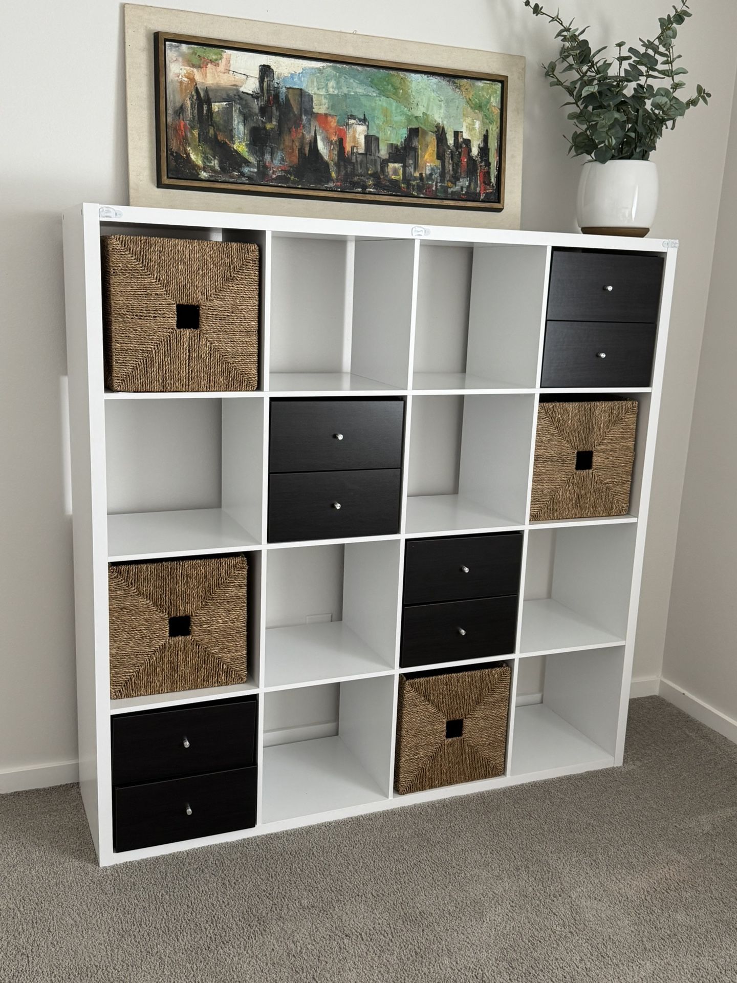 Two Target Brightroom 16 Cube Organizer with IKEA drawer inserts and bins. 