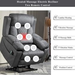 Power Lift Recliner for Elderly Adults 28 Inch Wide Seat, Lay Flat Lift Chair with Heat Massage, Flip Arm Storage Cup Holders, USB Type C Charging (Gr