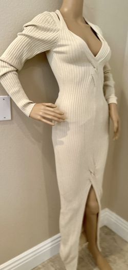 Cream Fitted Body Con Plunged Thick Ribbed Knit Sweater Midi Dress