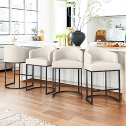 New in box 26 in. Linen Fabric Upholstered Counter Stool Curved Back Kitchen Island Bar Stool with Metal Frame Set of 4