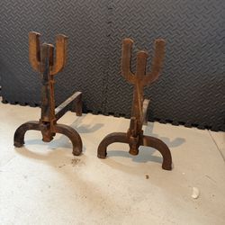 Pair of Antique Cast Iron Andirons Fireplace 