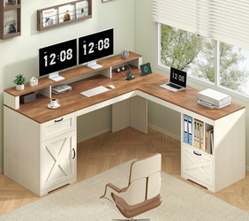 63" Farmhouse L Shaped Computer Desk with File Drawer for Home Office