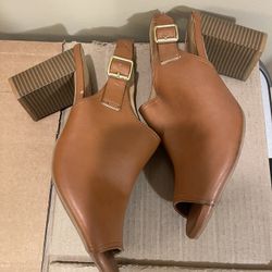 Brown leather sandals with a block heel and a buckle closure. Size 10.