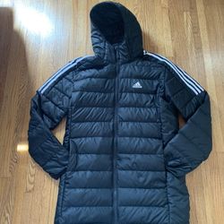 Adidas Men’s Black Long Puffer Jacket Sz L Dawn Feathers Filled 