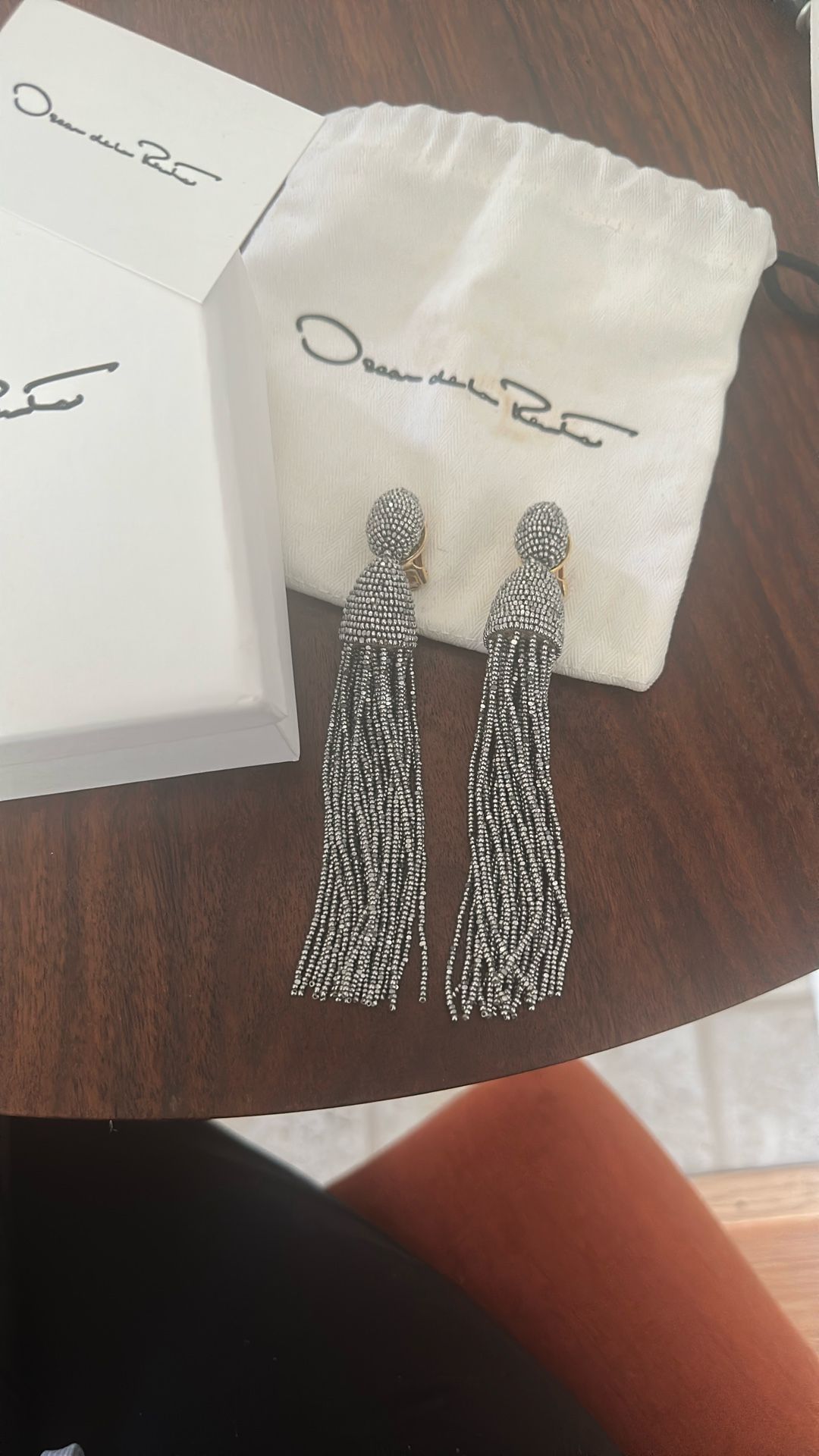 Oscar Del La Renta Beaded Long Classic Clip On Silver Earrings