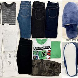 Bundle Of Boys Clothes Jeans, Shorts, T-Shirts, Pj’s, New Slippers, Under Shirts Lot(25)