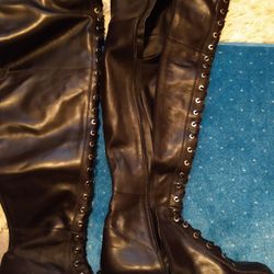 Brand New Thigh High Black Leather Sz10 Zip&Lace Boots