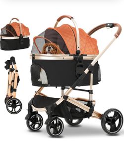 Pet Stroller 3 in 1 Folding Lightweight Dog Stroller with Detachable Carrier & Storage Basket Luxury Brown