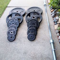 Weight Plates 230 lb. with 45 lb. Olympic Bar 7 Ft. Long Heavy Duty