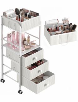2-in-1 Makeup Organizer Cart with Removable Travel Cosmetic Bag, 5 Tier Rolling Makeup Cart on Wheels with Drawers, Floor Cosmetic Display Cases Holde
