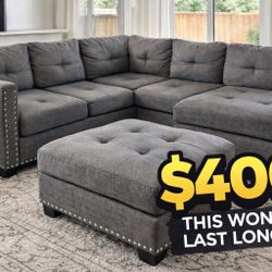 Gray Sectional Couch w/ Ottoman – Modern L-Shape Sofa – Clean & Comfortable