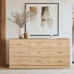 New Modern Natural 9-Drawer Dresser, Wide Chest of Drawers with Gold Handles